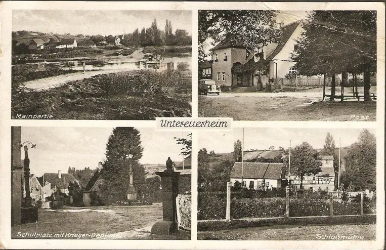 Vierteilige historische Ansichtskarte mit alten Aufnahmen von Untereuerheim.